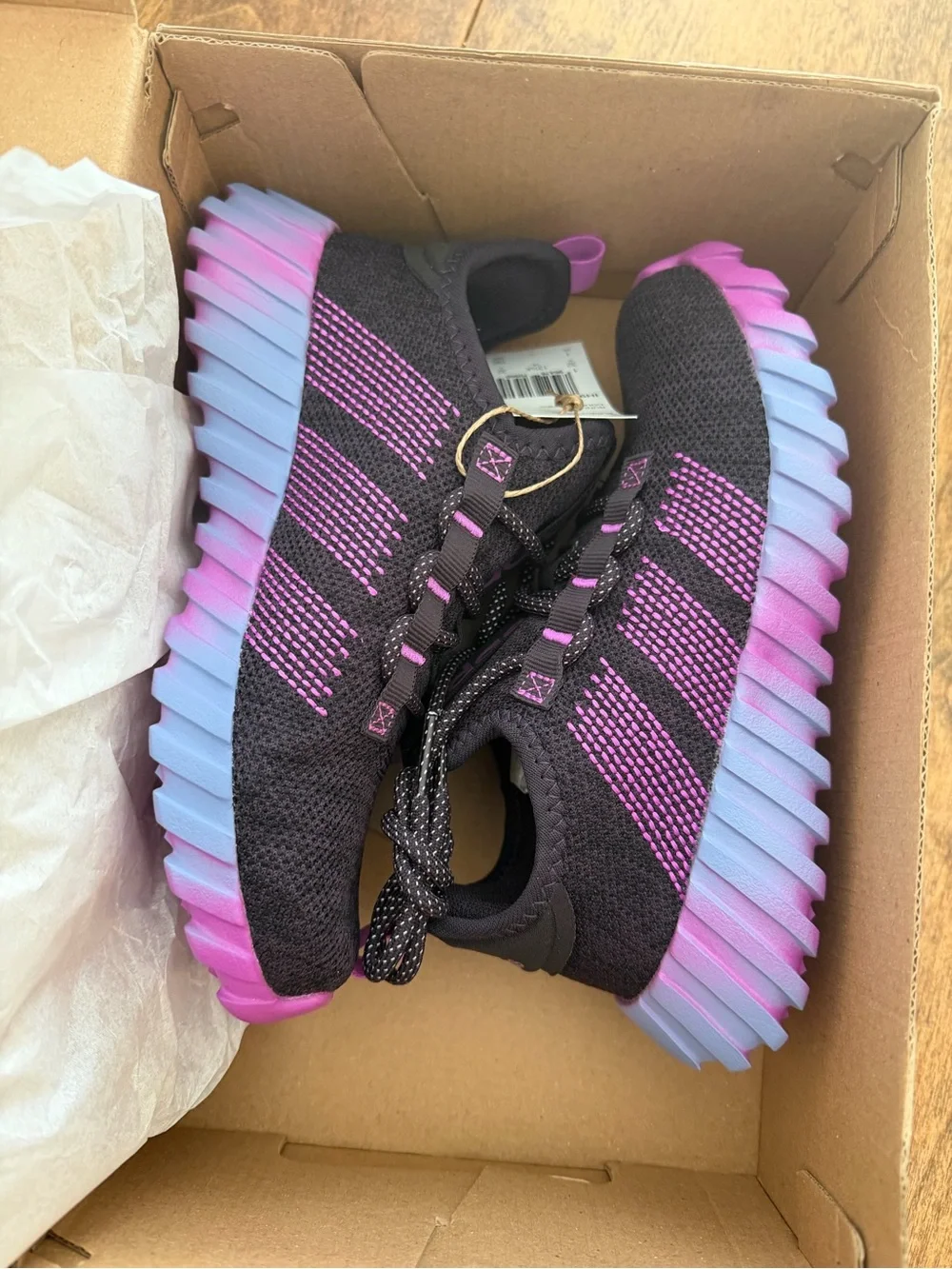 Adidas Kaptir Flow K running shoes in black purple diagonal stripes US 1 NWT